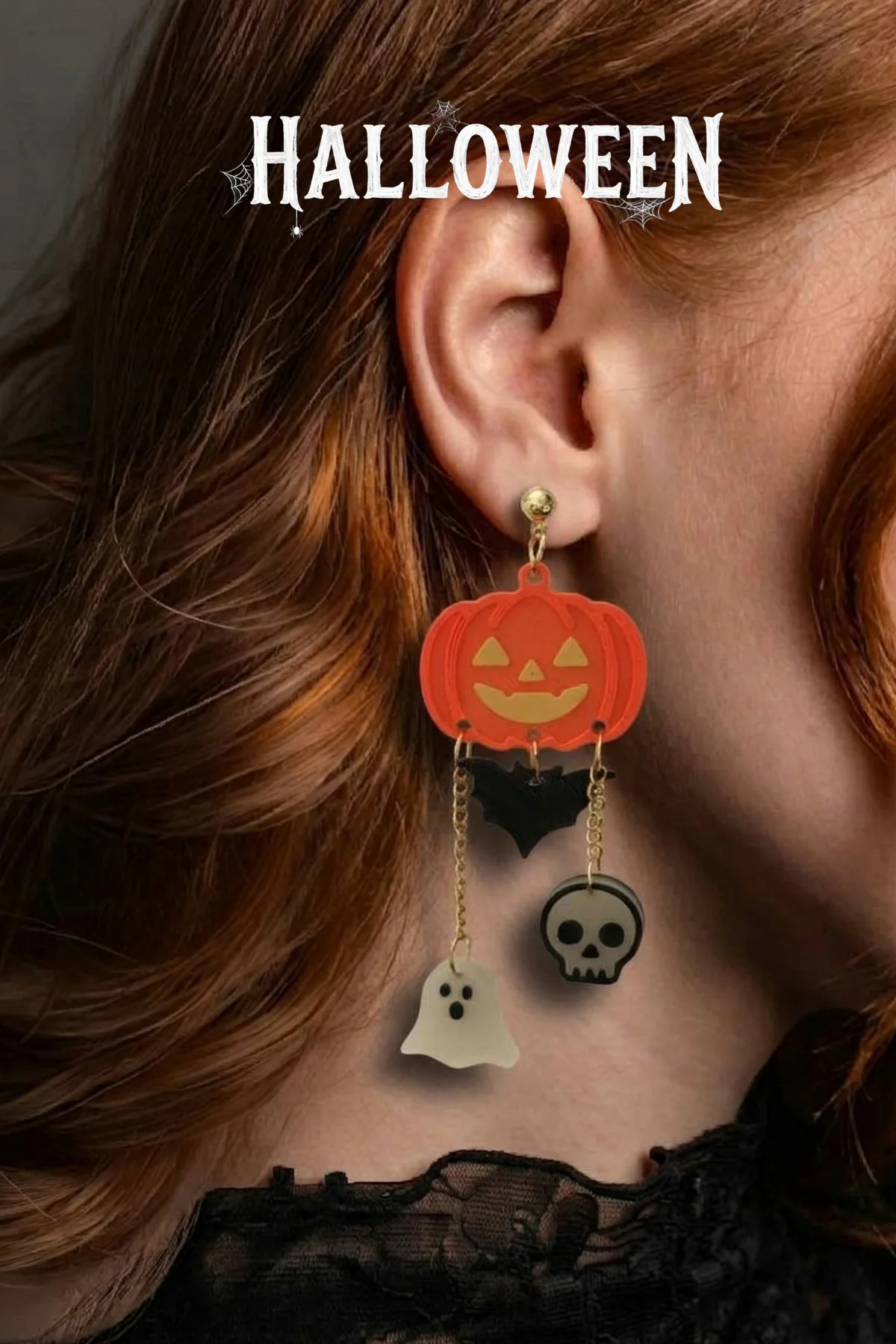 Halloween Cadılar Bayramı Balkabaklı Hayalet ve Kurukafa Sallantılı Küpe